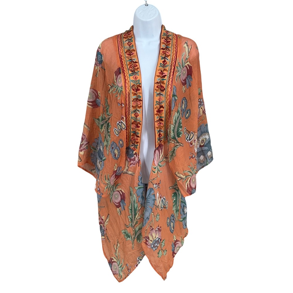 Umgee Kimono Wrap Women S/M Orange Cotton Floral Embroidered‎ Boho Festival